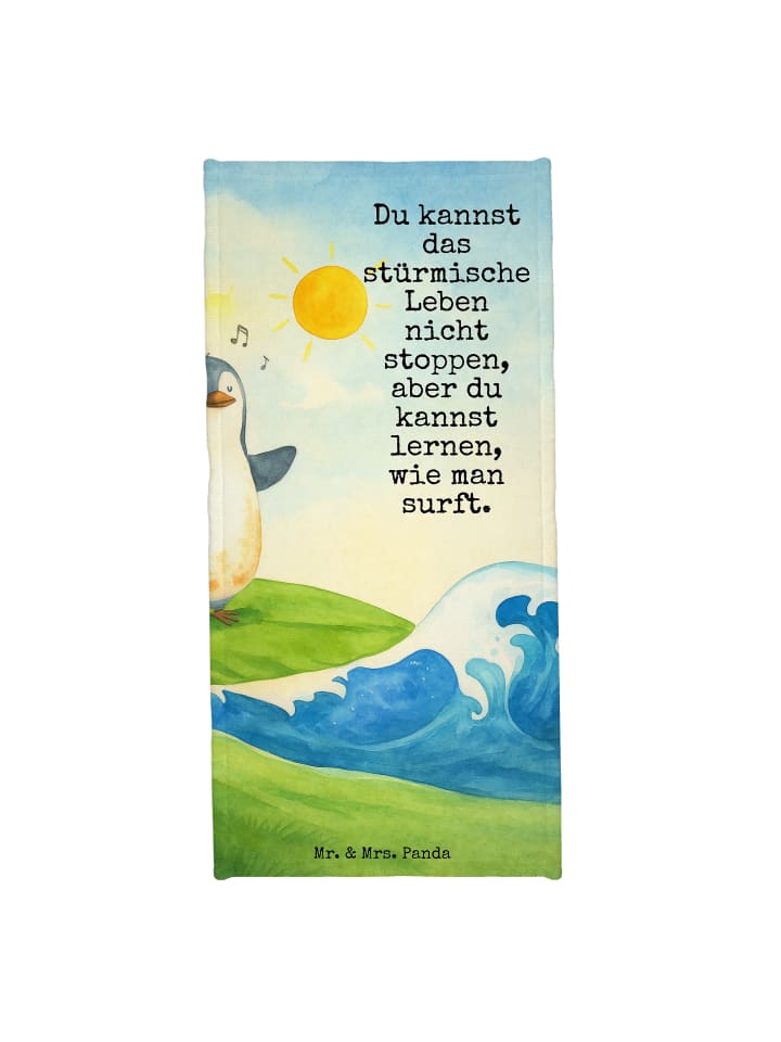Handtuch Pinguin Surfer Design mit Spruch in Weiß