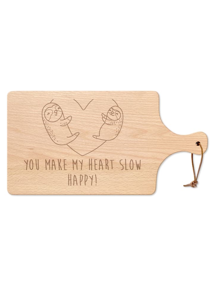 Holzschneidebrett Faultiere Herz mit Spruch in Transparent