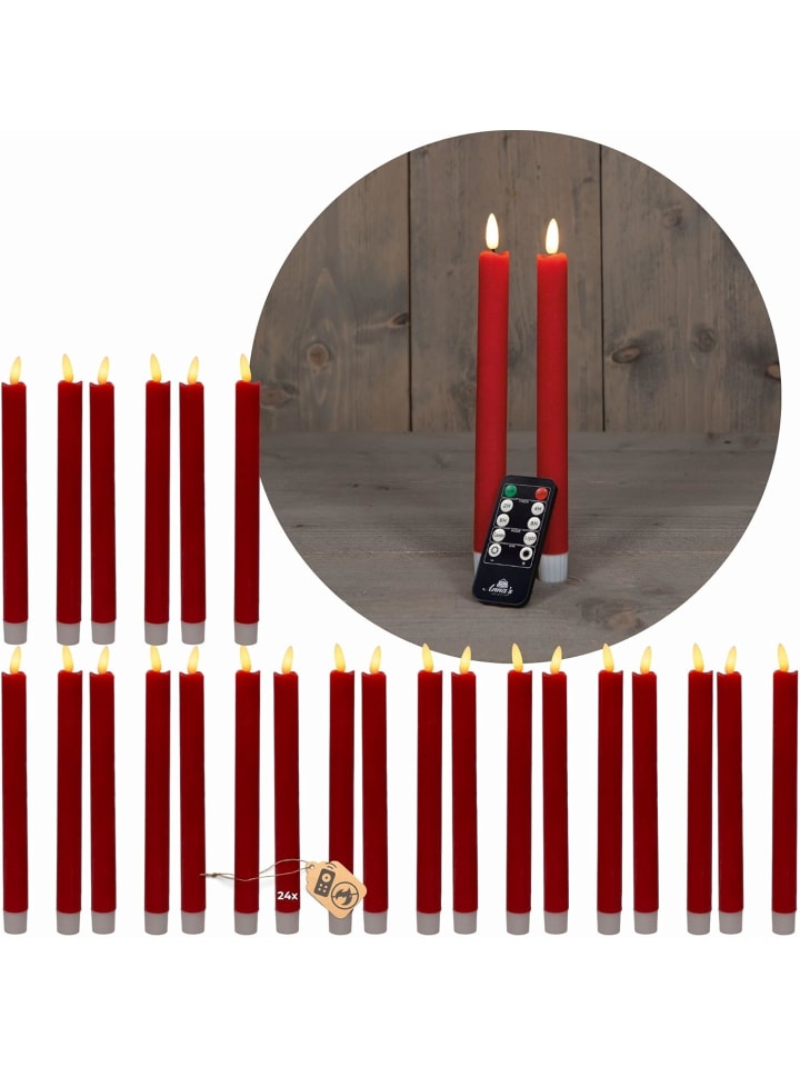 Novaliv LED Stabkerzen 24 Stück ECHTWACHS ROT - mit Timer Funktion 6 S in Rot