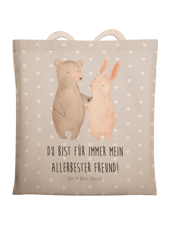 Tote Bag Bär und Hase Umarmen mit Spruch in Grau Pastell