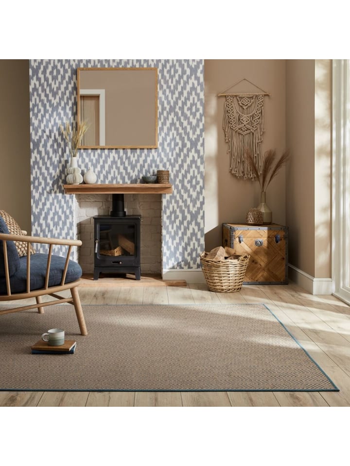 Jute-Teppich Naturfaser CARRON Geometrisch Boho Wohnzimmer in Braun-Blau