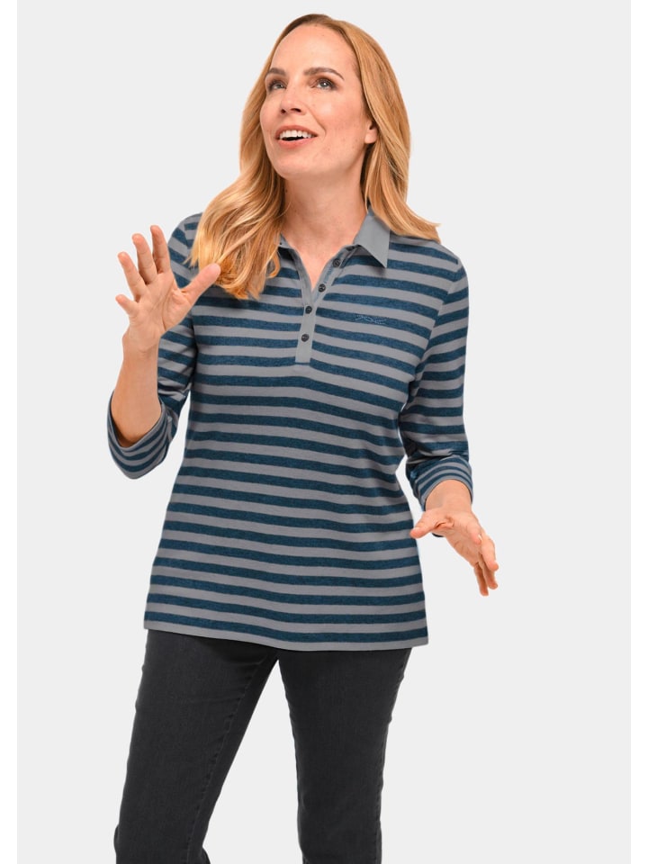 Hochwertiges Langarmshirt mit Polokragen in graumeliert / tintenblau / geringelt