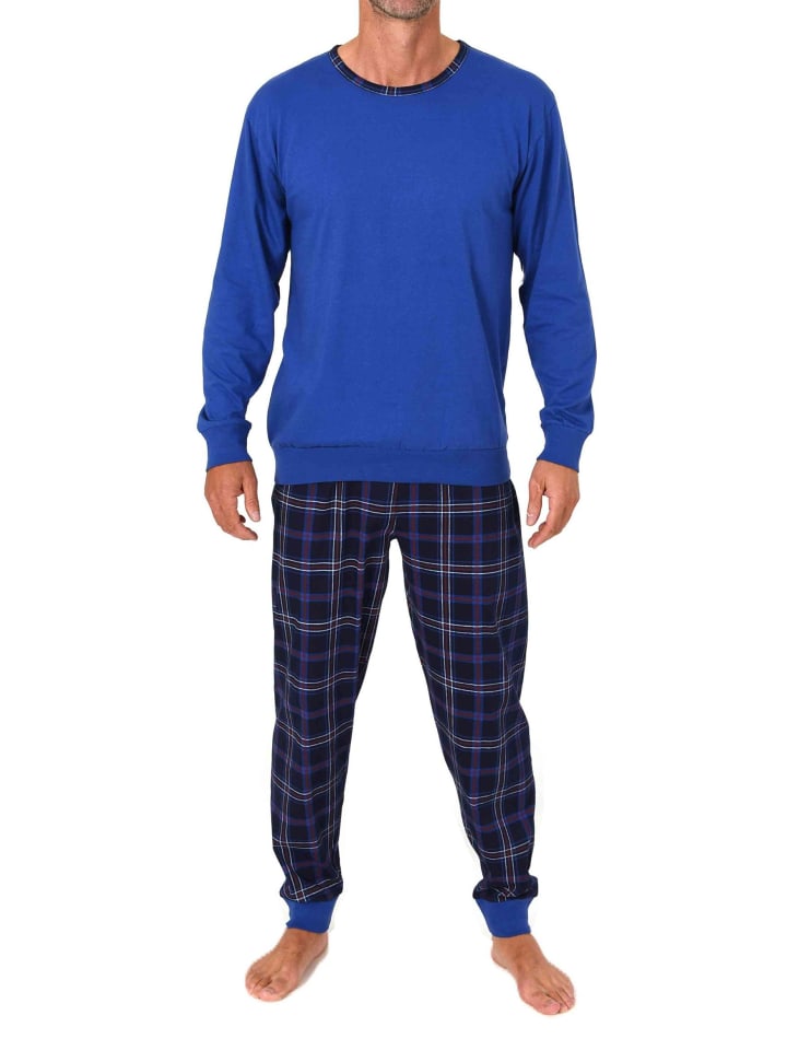 Schlafanzug langarm Bündchen Karohose in blau