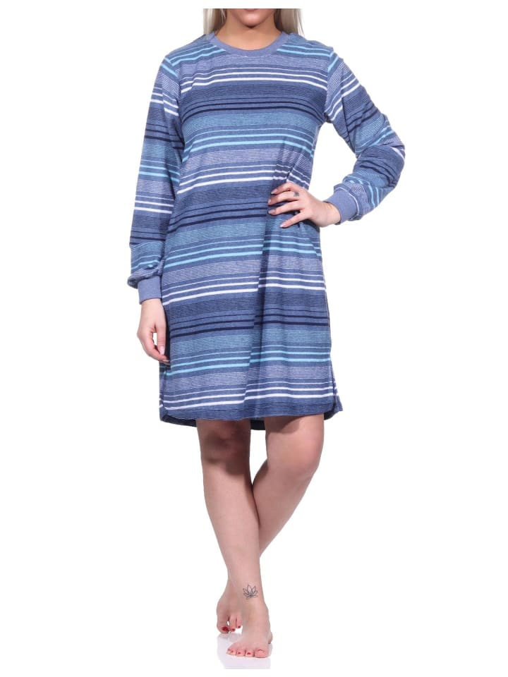 Frottee Nachthemd langarm Bündchen Streifendesign - 76336 in blau-melange