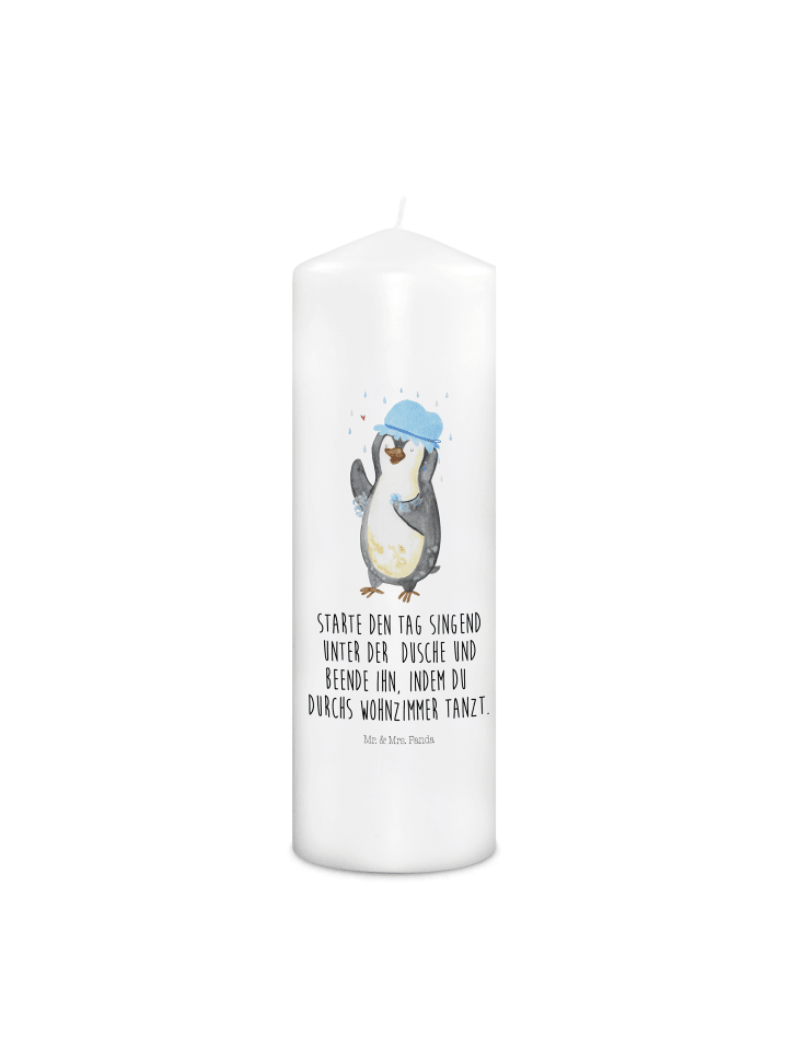 Kerze Pinguin Duschen mit Spruch in Weiß