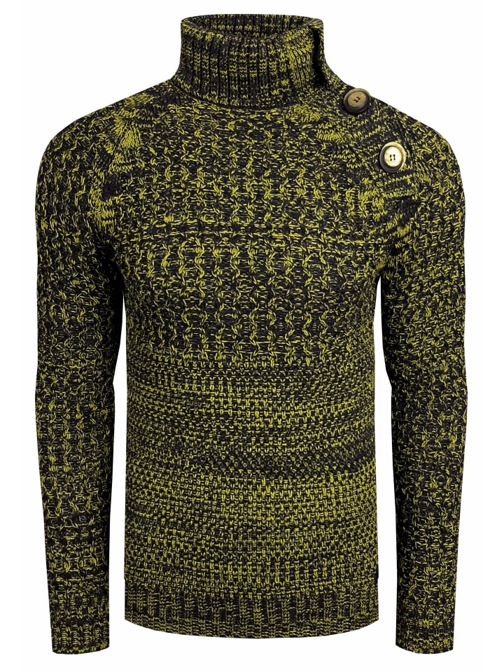 Side Button-Placket Grobstrick Rollkragen-Pullover in Anthrazit / Gelb