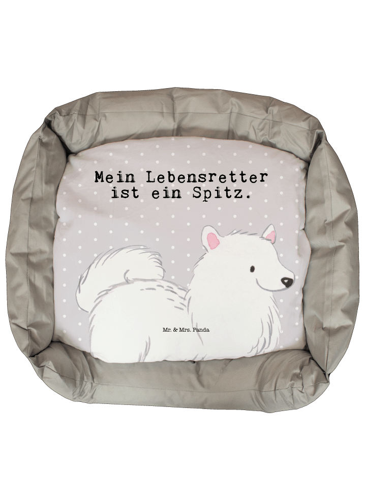 Hundebett Spitz Lebensretter mit Spruch in Grau Pastell
