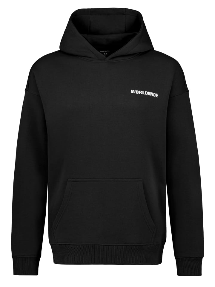 Kapuzenpullover mit Print und Kängurutasche in Schwarz