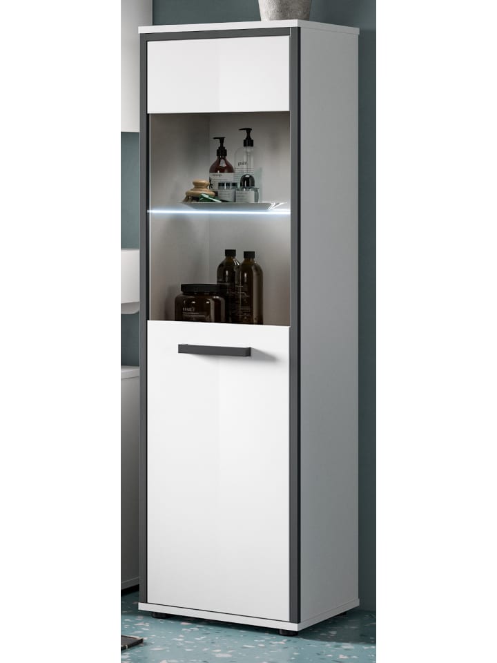 Midischrank weiß Hochglanz, grau 40 x 139 cm, Badkommode Türanschlag wechselbar