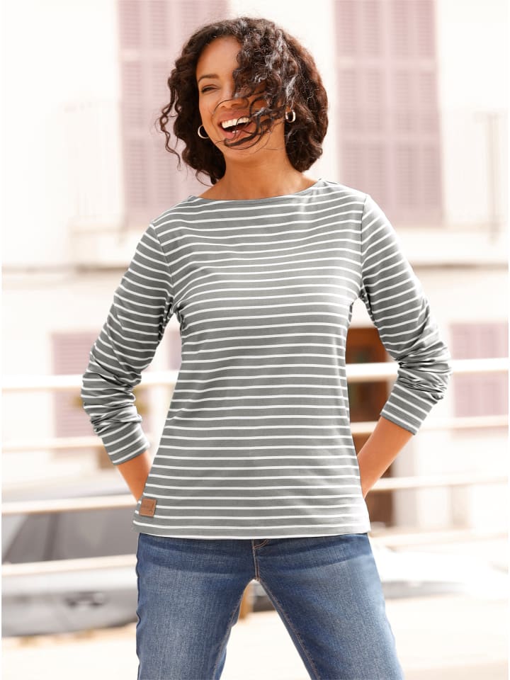 Sweatshirt in steingrau-ecru-geringelt