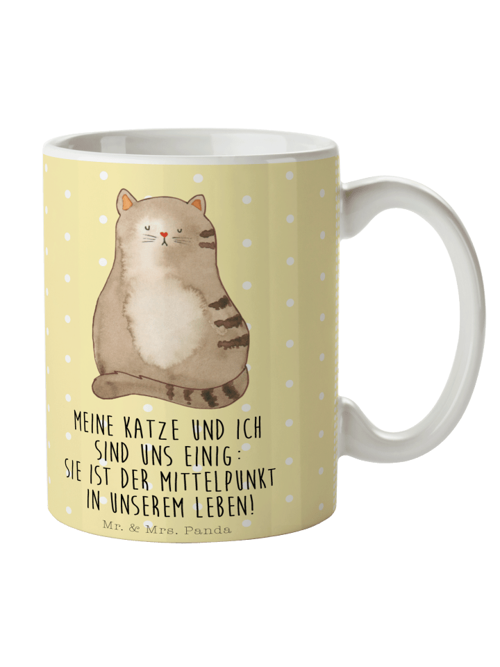 Tasse Katze Sitzen mit Spruch in Gelb Pastell