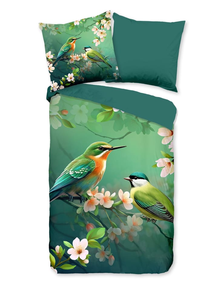 2 tlg. Mikrofaser Bettwäsche 135x200cm Pure Vogelparadies in Grün