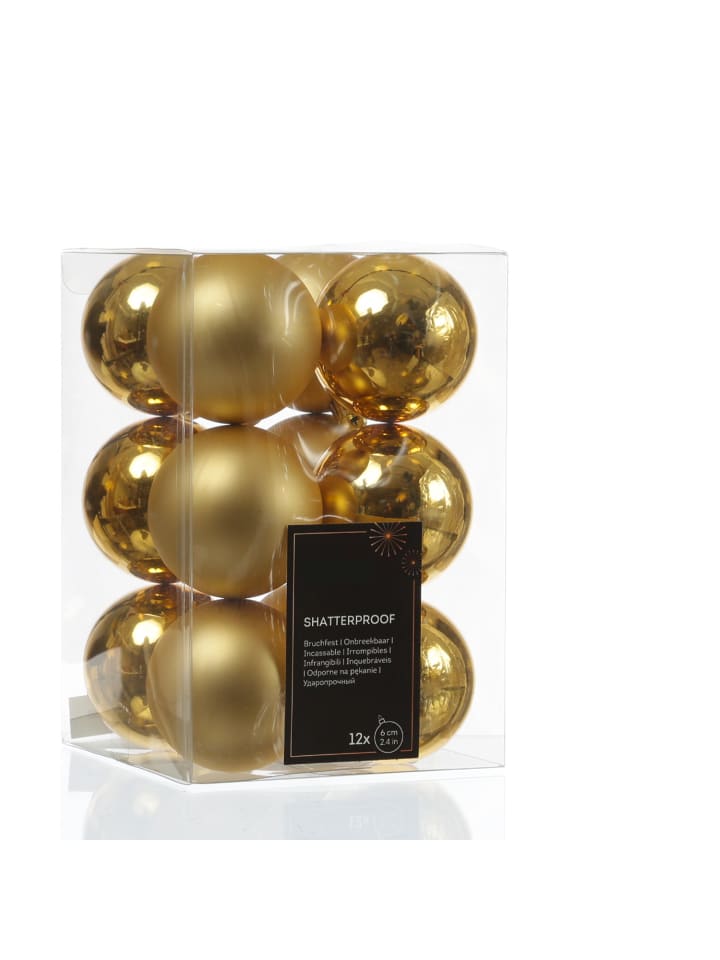12er Set Weihnachtskugeln bruchfest D: 6cm Baumkugeln in gold