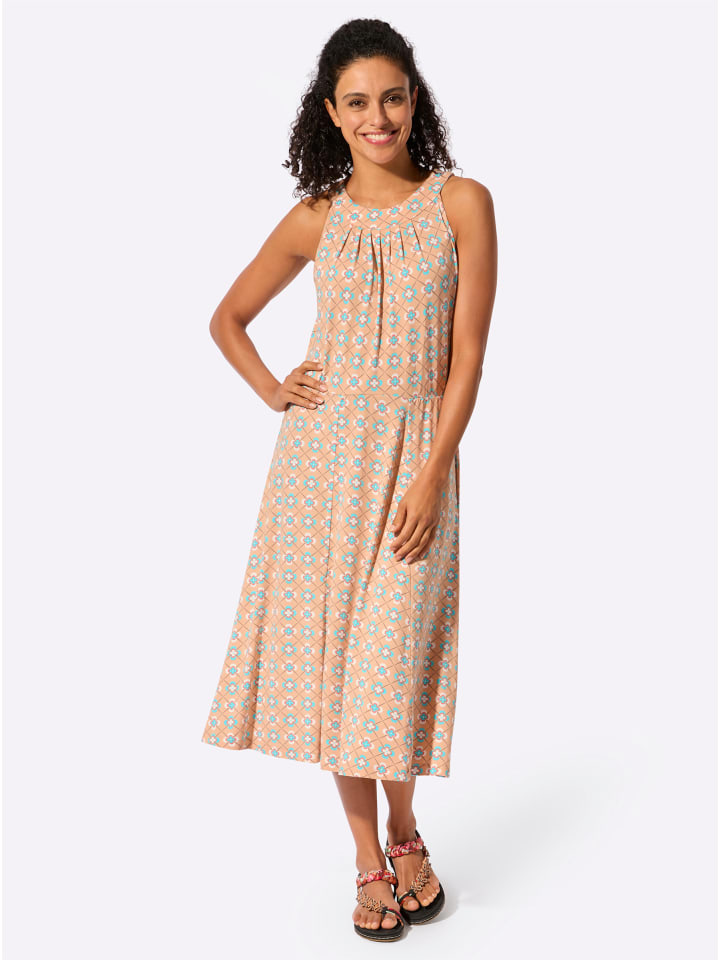 Jersey-Kleid in apricot-aquamarin-bedruckt