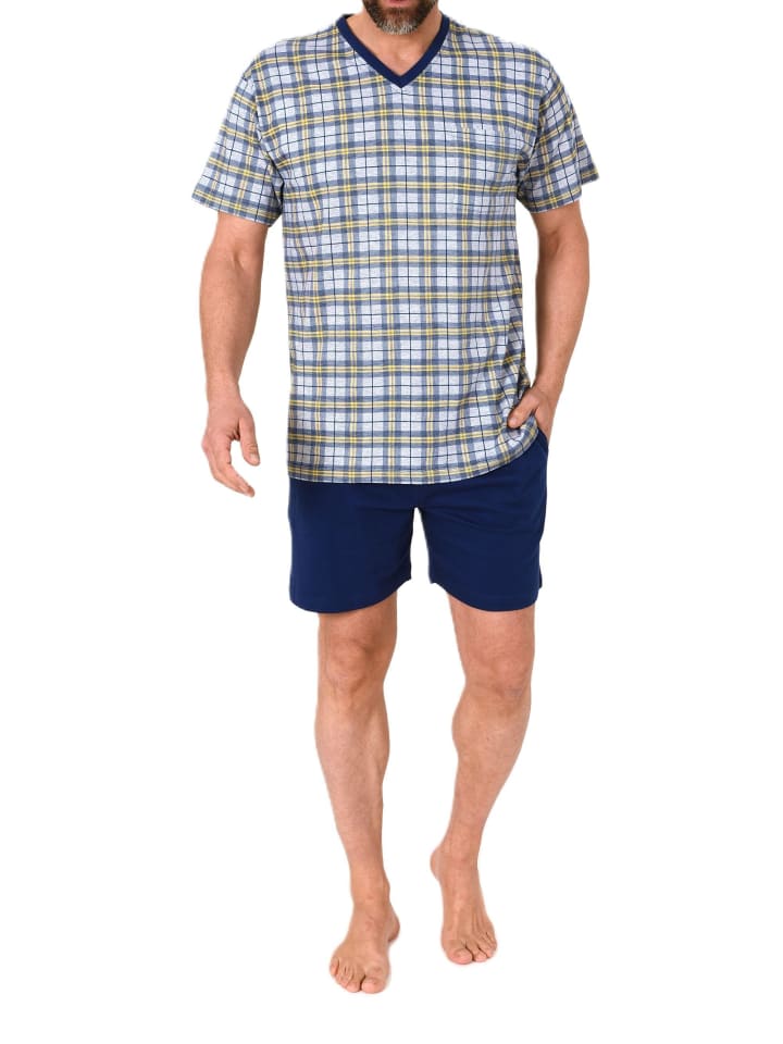 Kurzarm Schlafanzug Shorty Jersey und karierten Pyjama Oberteil in grau