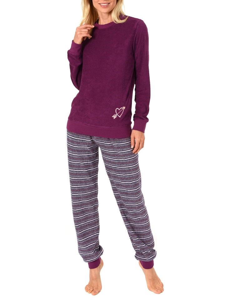 Frottee Pyjama Bündchen Hose gestreift Oberteil Herz - 50145 in rot