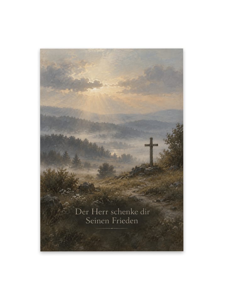 Trauerkarte Kreuz friedvoll Design mit Spruch in Weiß