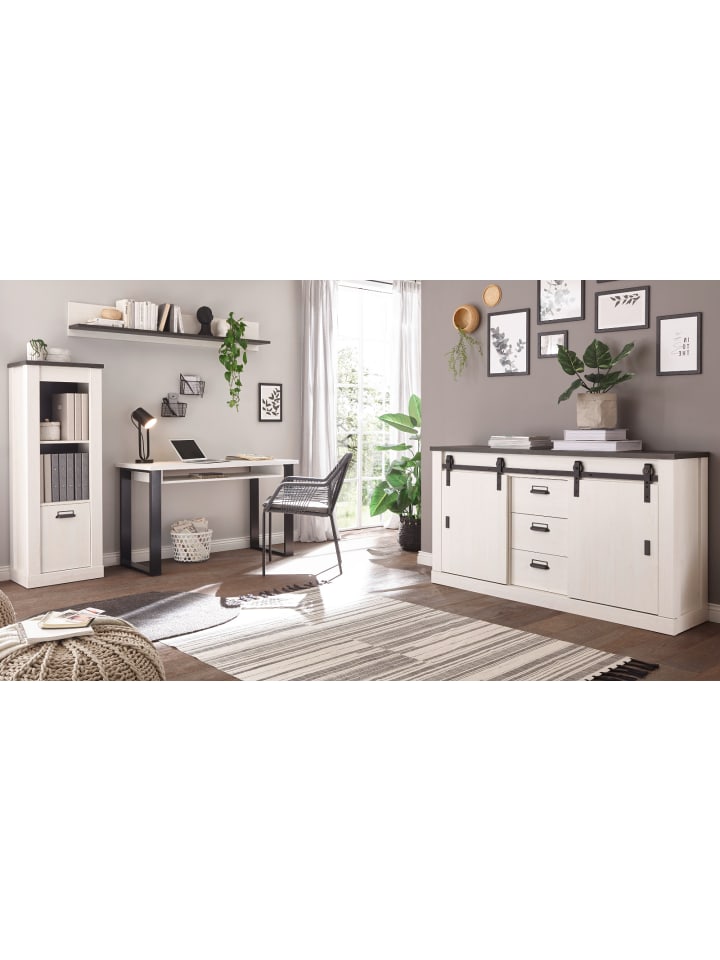 Büromöbel-Set Set weiß Pinie, anthrazit Landhaus mit Aktenregal, Kommode
