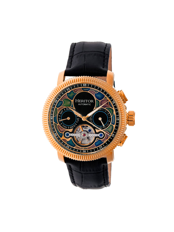 Aura Herren-Uhr mit halbskelettiertem Lederarmband in Rose Gold/Black
