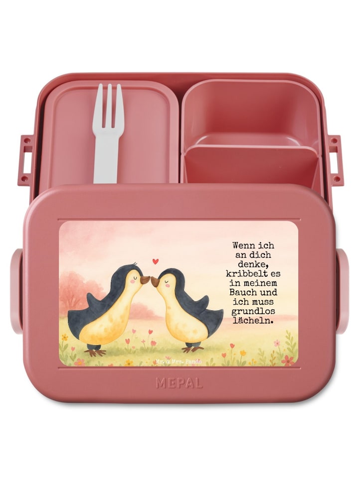 Bento Brotdose Pinguine Kuss Design mit Spruch in Rot Pastell