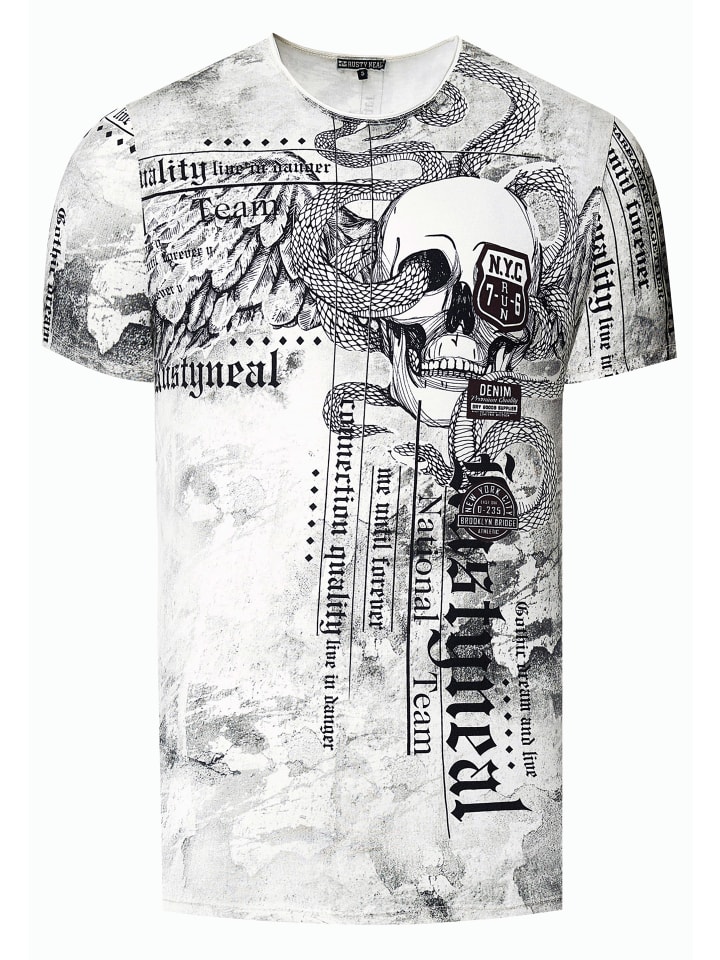 Biker T-Shirt Verwaschen mit All Over Prints in Weiß