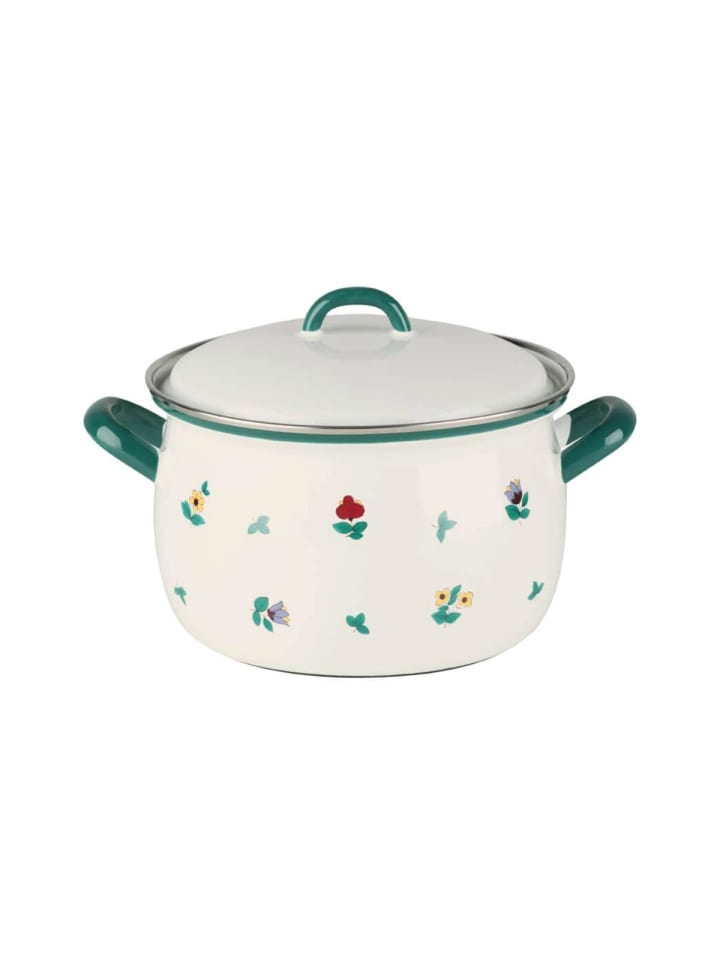 Emaille Country Streublumen Fleischtopf mit Deckel in Weiß
