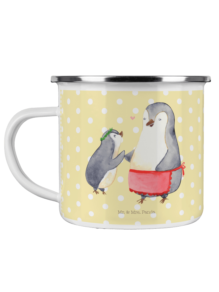 Camping Emaille Tasse Pinguin mit Kind ohne Spruch in Gelb Pastell