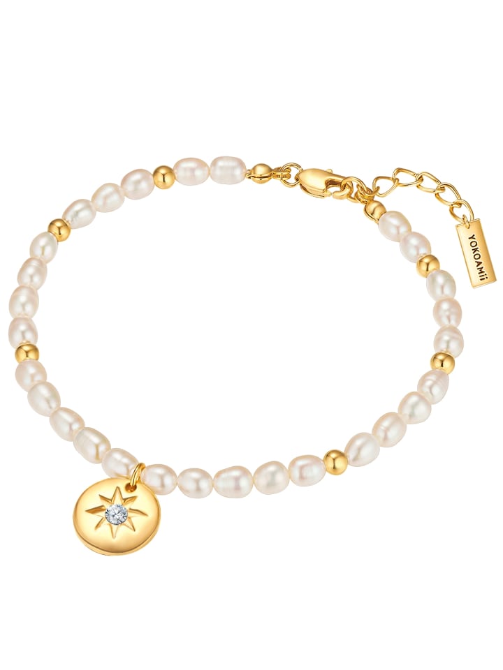 Armband aus Metall-Legierung mit Zirkonia und Süßwasser-Zuchtperle in gelbgold