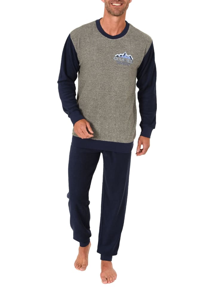 Frottee Pyjama langarm Schlafanzug Bündchen - 49602 in anthrazit