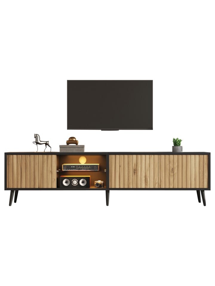 TV Schrank in Natur Schwarz 175x31x43,5 cm mit LED Glas 3 Fächern für 75 Zoll