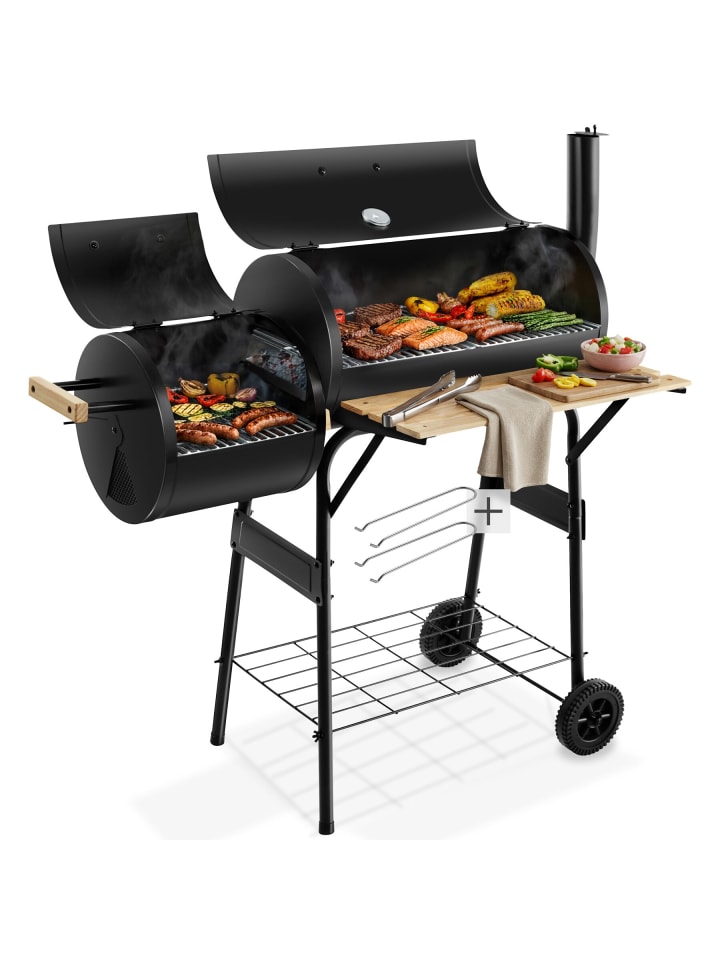 Smoker Grill 2in1 mit Thermometer, 2 Kammern, 2 Ablagen, 2 Räder