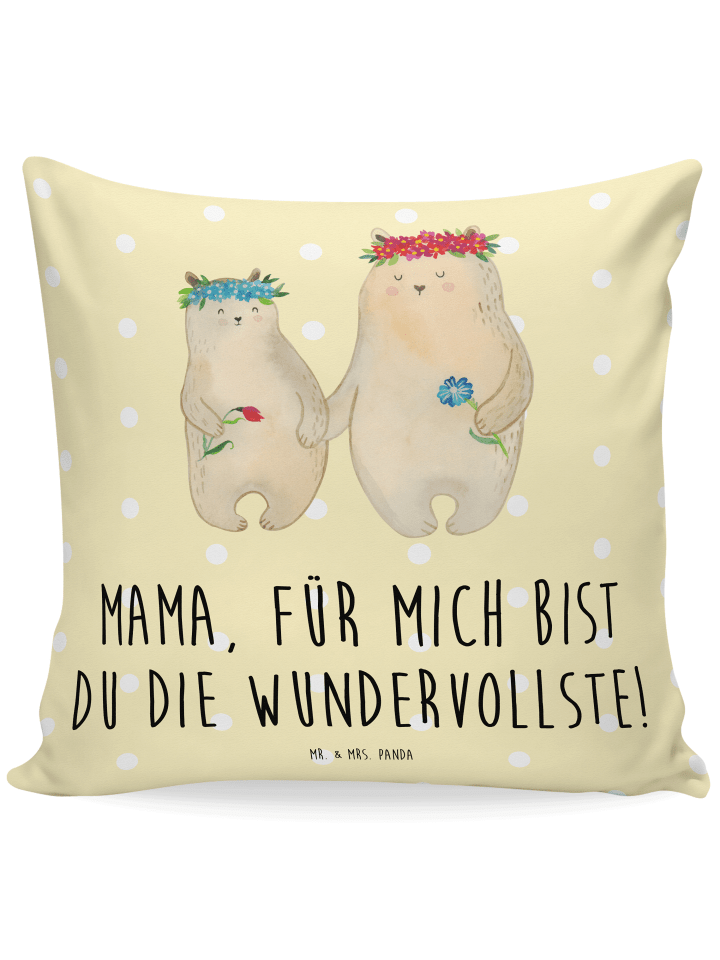 40x40 Kissen Bären mit Blumenkranz mit Spruch in Gelb Pastell
