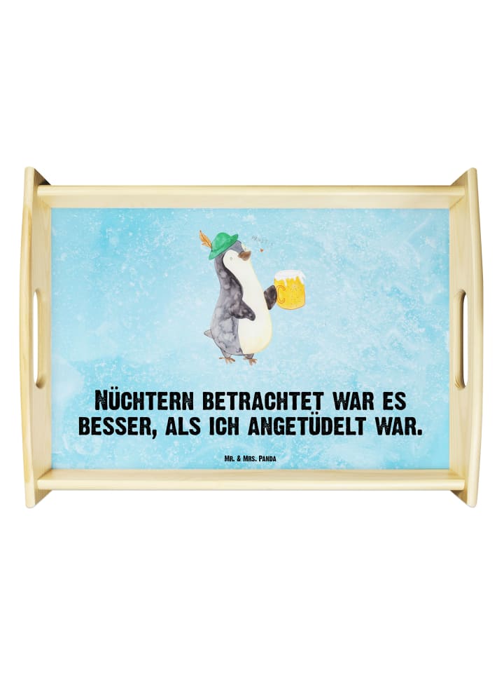 Holz Tablett Pinguin Bier mit Spruch in Eisblau
