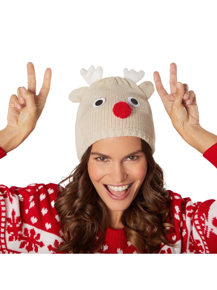 Pudelmütze, gestrickte Weihnachtsmütze in Beige, Einheitsgröße