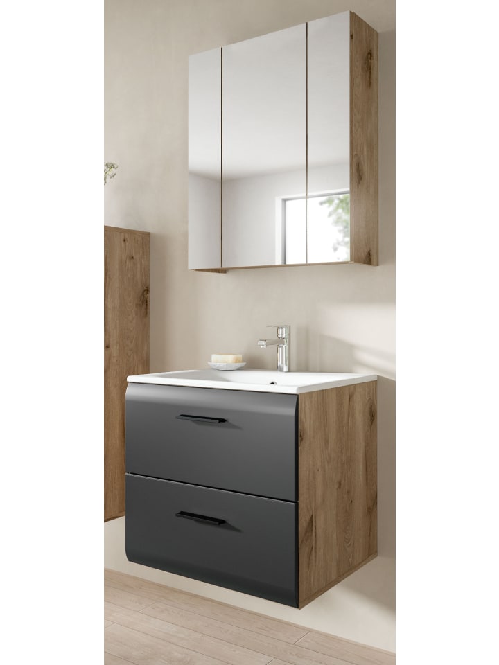 Badmöbel-Set 2-teilig schwarz matt, Eiche 60 cm, Komplett-Set mit Waschbecken