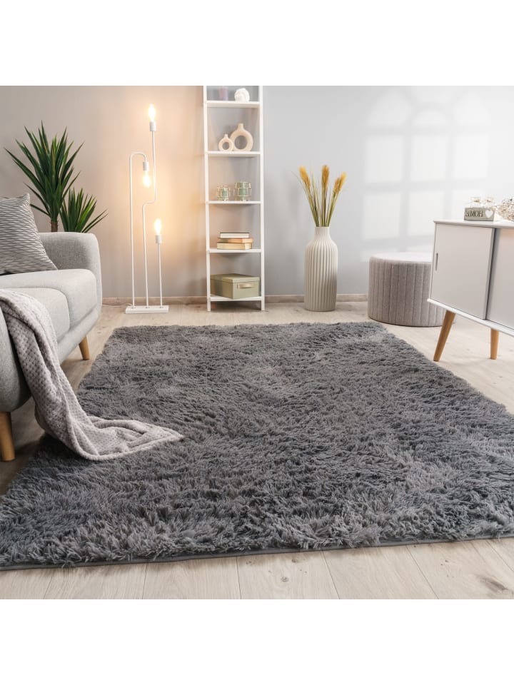 Hochflor Teppich Shaggy waschbar Unifarben Schlafzimmer in Grau