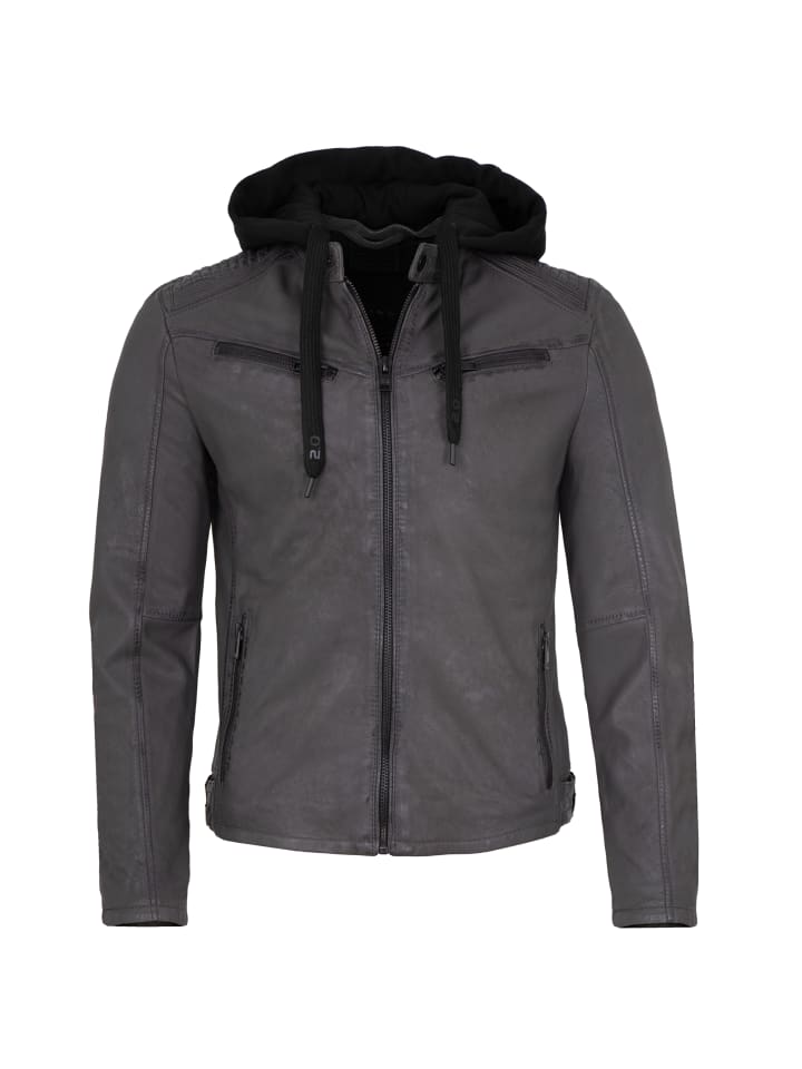 Lederjacke Kapuze Lammnubuk in Grau