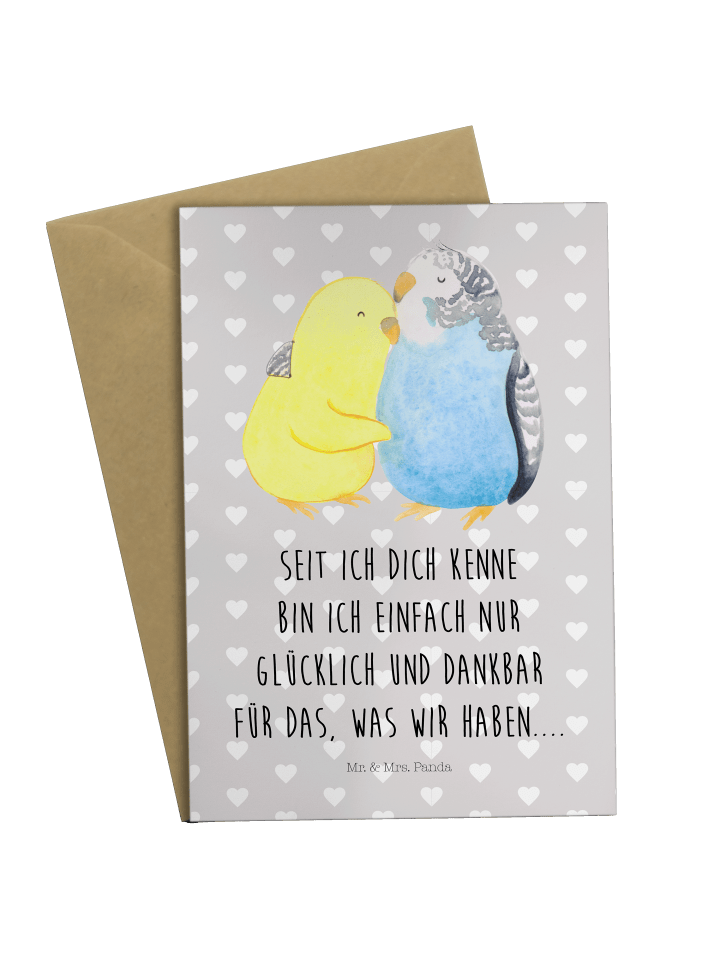 Grußkarte Wellensittich Liebe mit Spruch in Grau Pastell