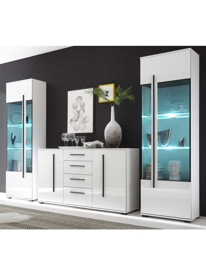 Wohnwand weiß Hochglanz 3-teilig 290 cm, Anbauwand mit Soft-Close