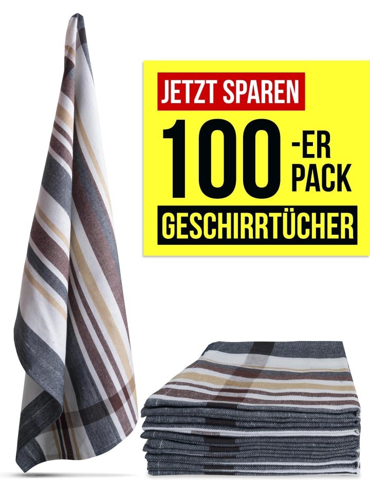 100 Geschirrtücher aus Baumwolle in Grau gestreift