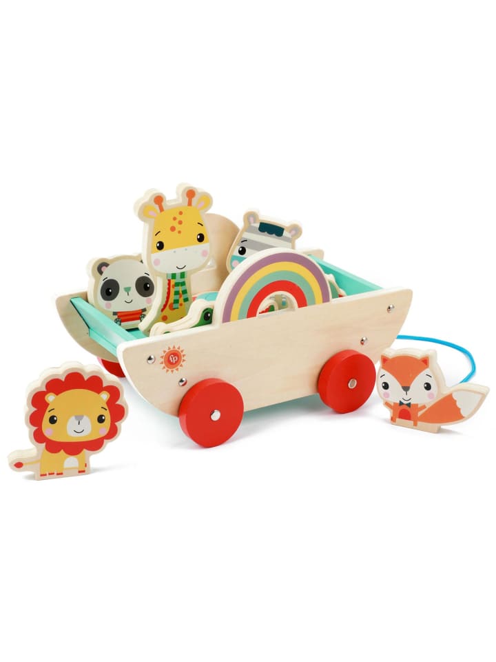 Holz-Ziehwagen mit 8 Tieren in bunt
