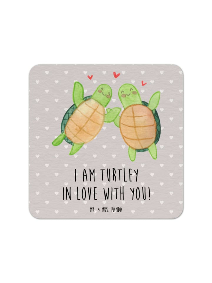 Glasuntersetzer Schildkröten Paar mit Spruch in Grau Pastell