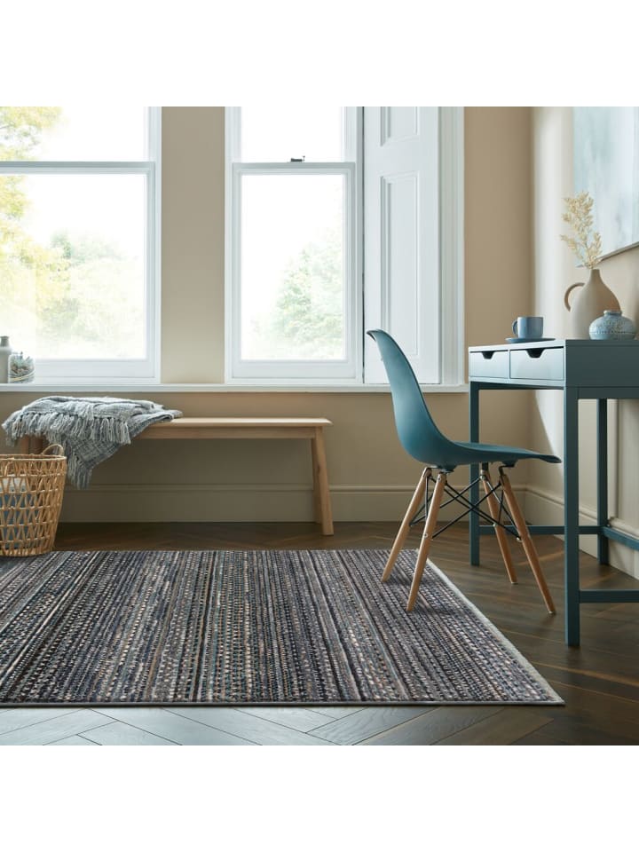 Kurzflor-Teppich Pflegeleicht PERRAN Streifen Geometrisch in Blau