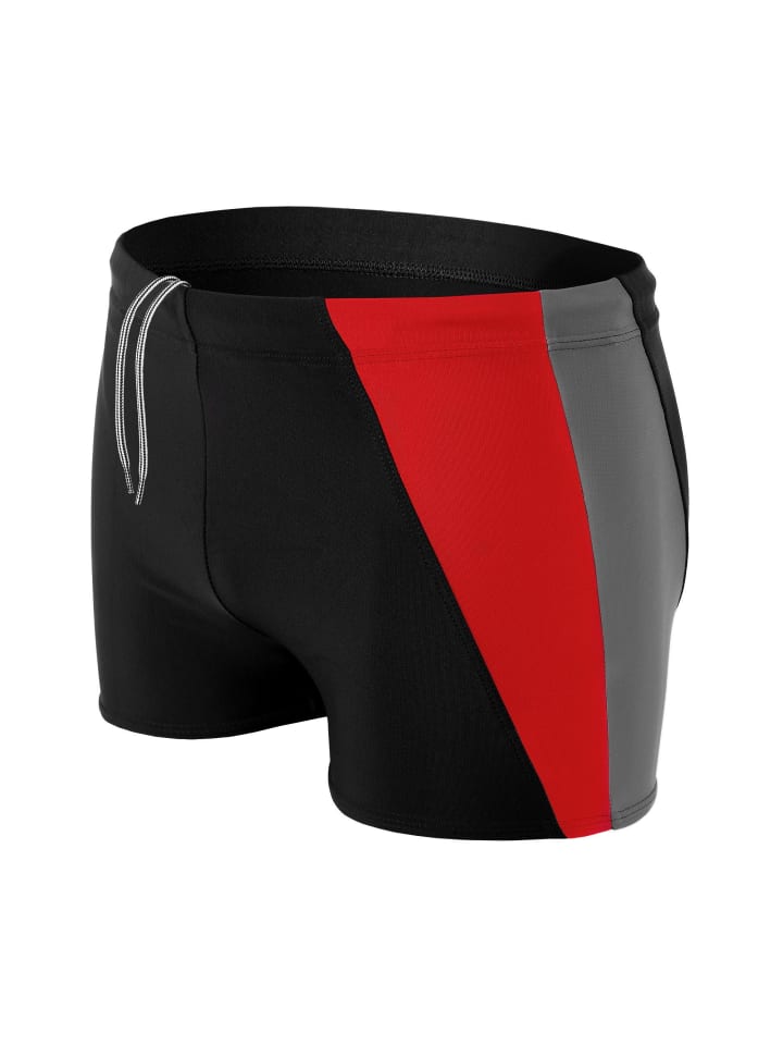 Herren Badehose Kurz mit Seitlichem Streifen in schwarz/rot