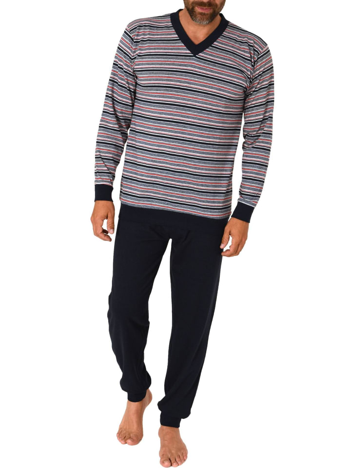 langarm Schlafanzug Bündchen Pyjama Streifen - 83113 in navy