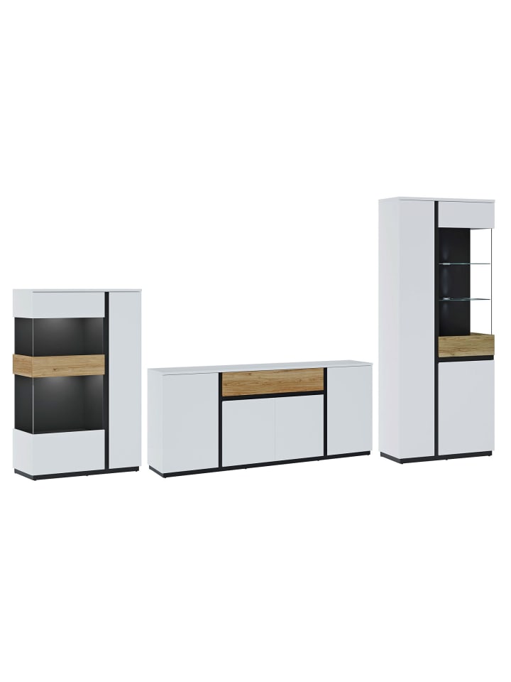 Wohnzimmer-Set 3-teilig Novena weiß / Eiche / schwarz 390,8 / 40 / 204,8cm