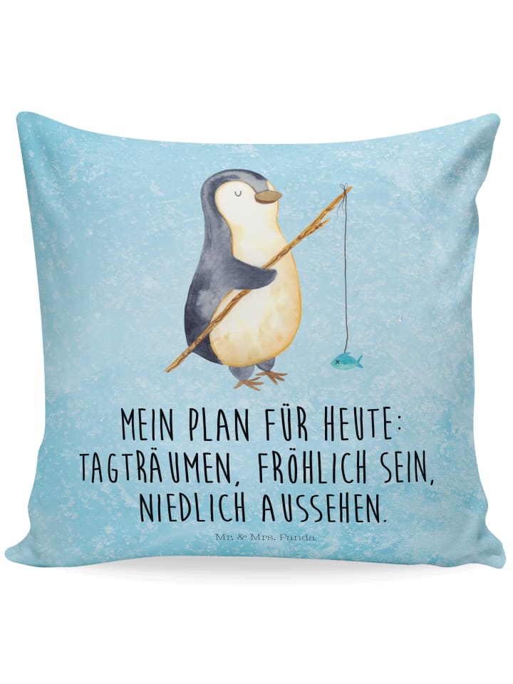 Kopfkissen Pinguin Angler mit Spruch in Eisblau