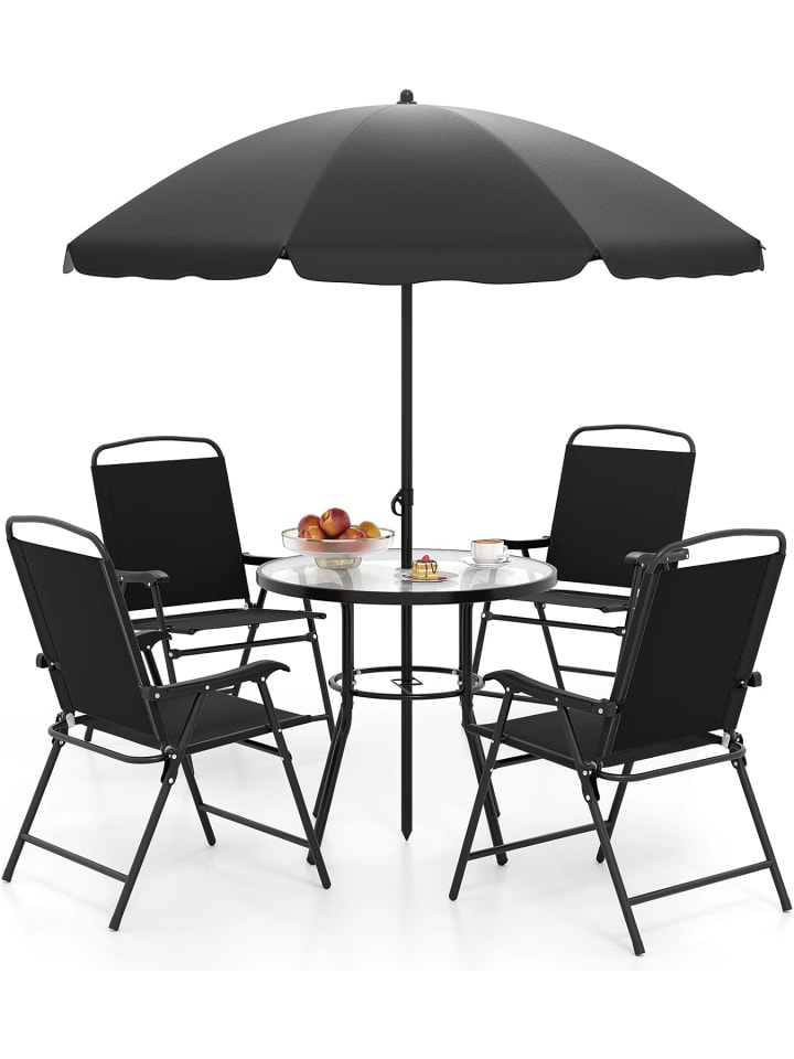 6 tlg. Gartenmöbel Set mit Sonnenschirm in Schwarz