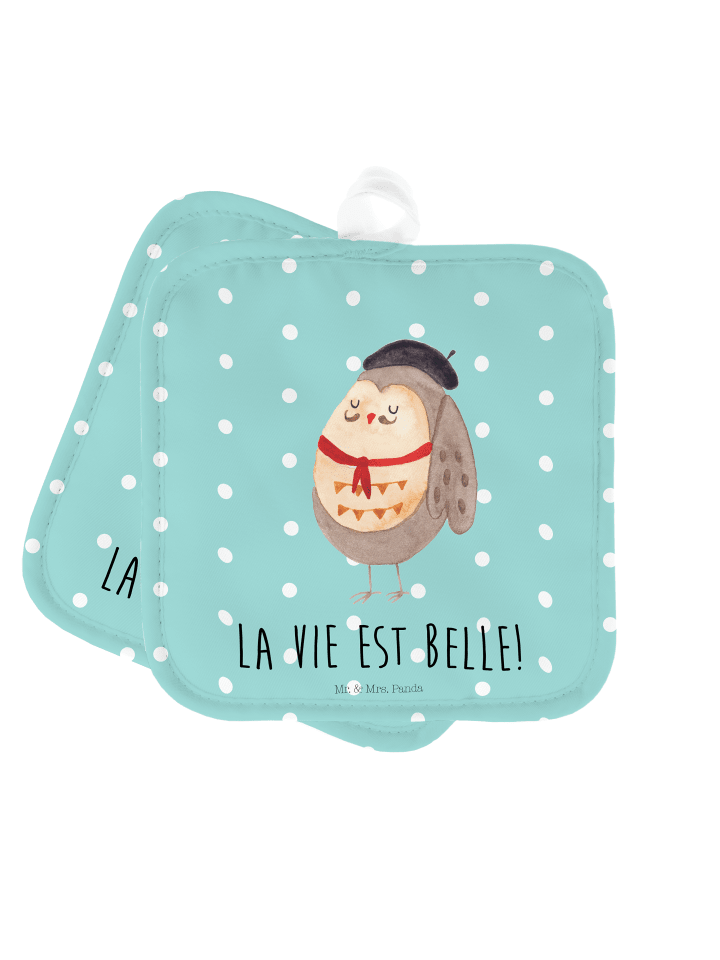 Topflappen Eule Frankreich mit Spruch in Türkis Pastell