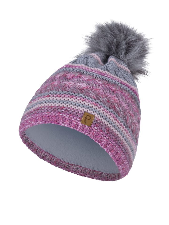 Bommelmütze mit Kunstfell-Bommel und Fleece Futter in Rosa-2